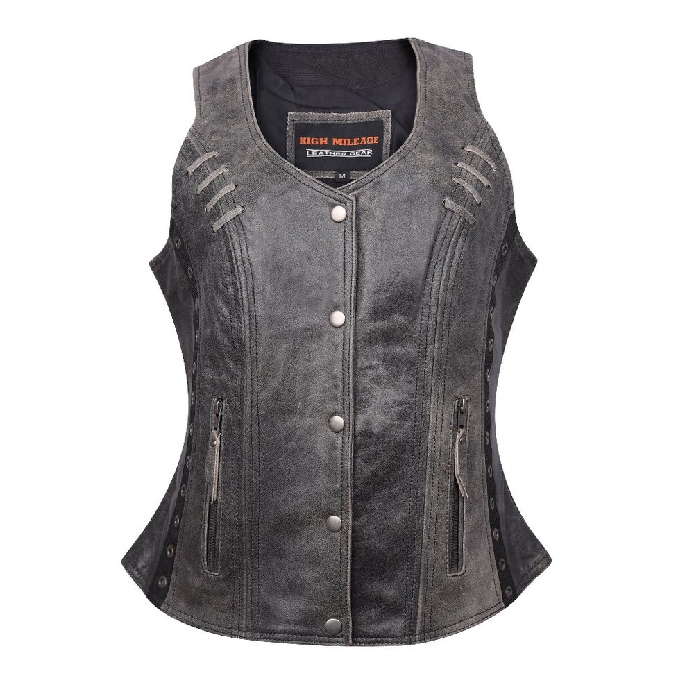 Ladies Lightweight Distressed Gray Leather Vest with Grommeted Twill and Lace - Picture 8 of 12